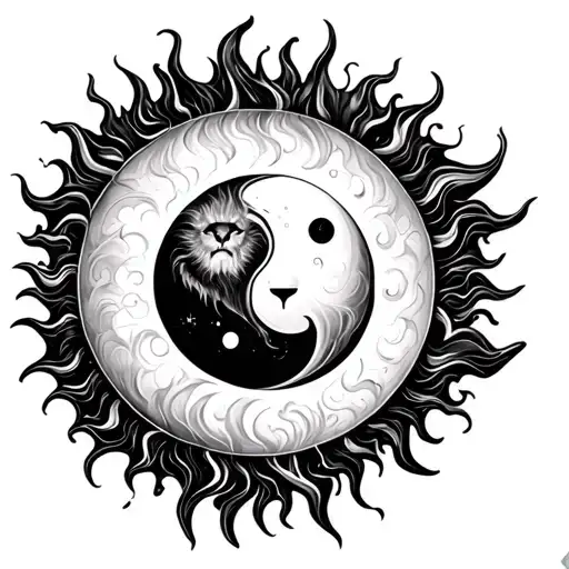 Sun & Moon, Leo & Leo Zodiac Sign Inside Ying Yang With Fire And Water Tattoo tattoo design idea
