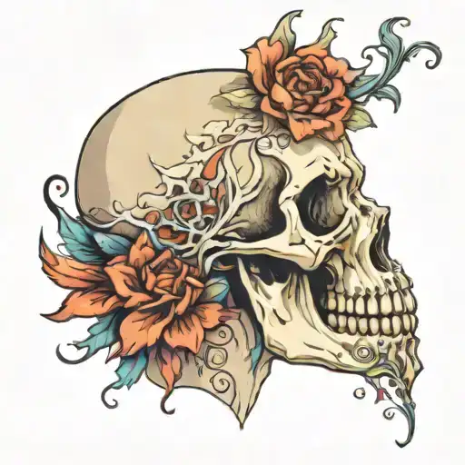Skull in side profile with an ethereal flower emerging from the eye socket, envision  tattoo design idea