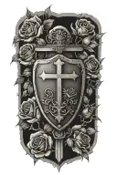 Romans 8:11 with cross and roses sacred heart shaped lock tattoo design idea