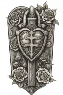 Romans 8:11 with cross and roses sacred heart shaped lock tattoo design idea