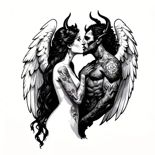 Angel women kissing a devil man, both gothy in tattoos tattoo design idea