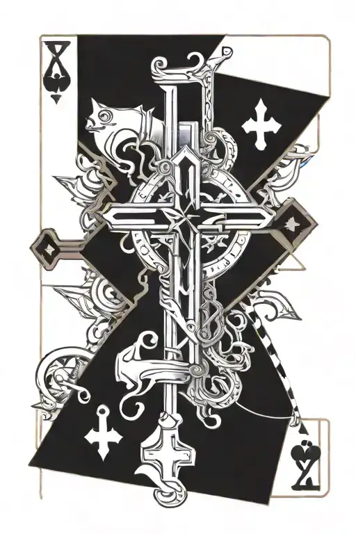 jack cards with wrenches and fishing and a cross tattoo design idea