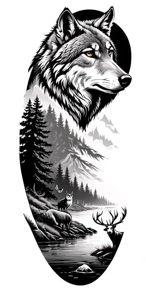 forest landscape, wolf profile on shoulder, trees, owl, river, and deer tattoo design idea