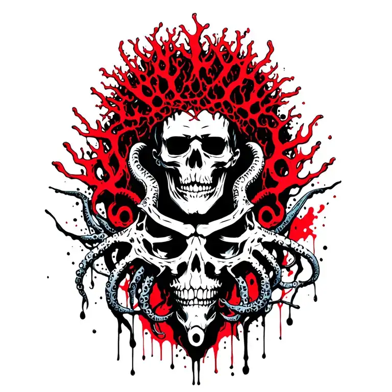King Of Bones With A Coral Crown, Hades 2 Style, Eldritch, Tentacles, Lovecraftian, Deep Sea background  tattoo design idea
