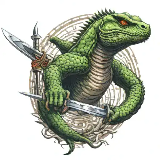 saber fencing + taekwondo + music + reptiles tattoo design idea