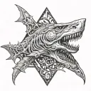 Triangle monster creature. Center of triangle there is a shark jaw and skin will be like a dinosour. Around jaw 69 eyes. tattoo design idea