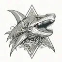 Triangle monster creature. Center of triangle there is a shark jaw and skin will be like a dinosour. Around jaw 69 eyes. tattoo design idea