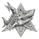 Triangle monster creature. Center of triangle there is a shark jaw and skin will be like a dinosour. Around jaw 69 eyes. tattoo design idea