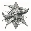 Triangle monster creature. Center of triangle there is a shark jaw and skin will be like a dinosour. Around jaw 69 eyes. tattoo design idea