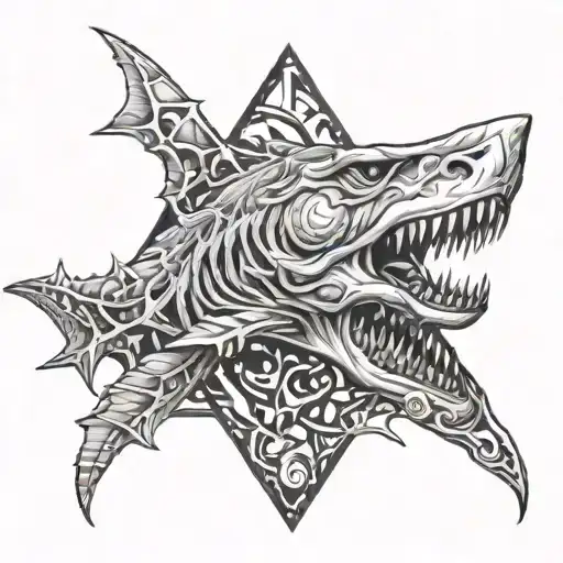 Triangle monster creature. Center of triangle there is a shark jaw and skin will be like a dinosour. Around jaw 69 eyes. tattoo design idea