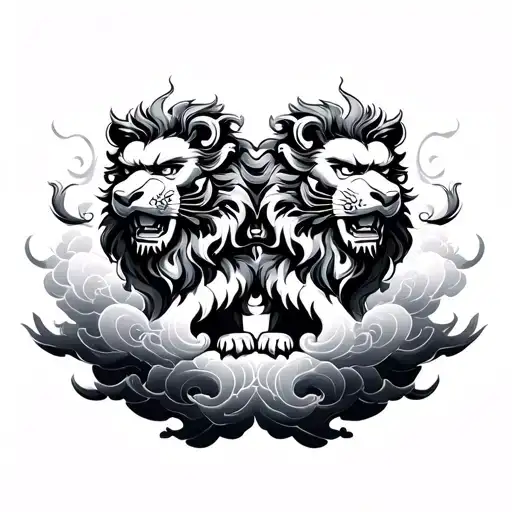 twin japanese lion in clouds tattoo design idea