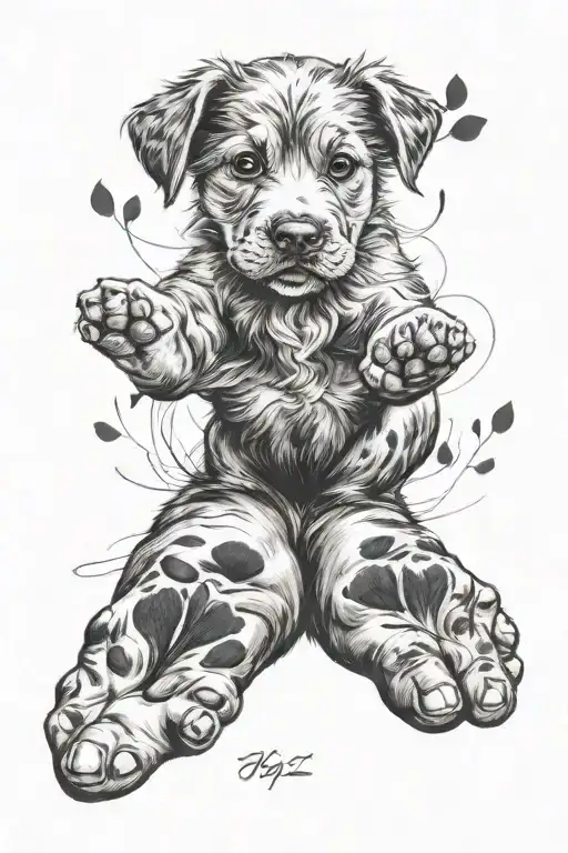 A child's foot and a dog's paw print with the date of birth 09/03/2024 the tattoo would be black and white in Nordic sty tattoo design idea