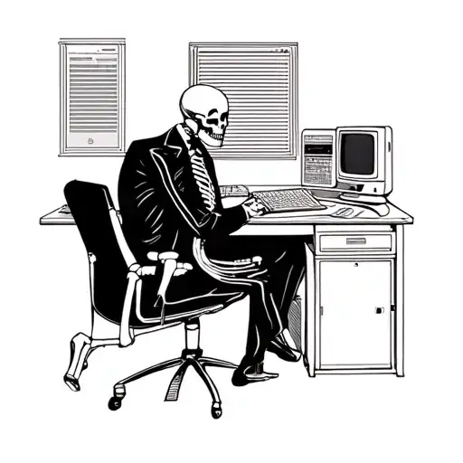 2d sideways on image - skeleton in a suit sitting at desk with old CRT computer and monitor tattoo design idea