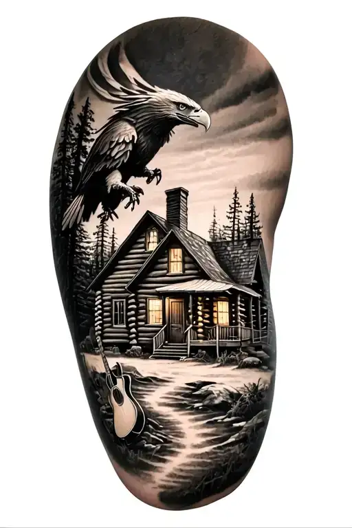 log cabin with an acoustic guitar in front and an eagle perched above. tattoo design idea