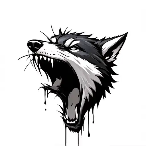 angry wolf side view mouth open teeth blaring and drool dripping tattoo design idea