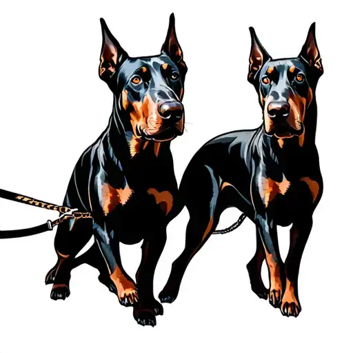 two dobermans face to face, one Doberman on a leash barking while the other is stood unfazed tattoo design idea