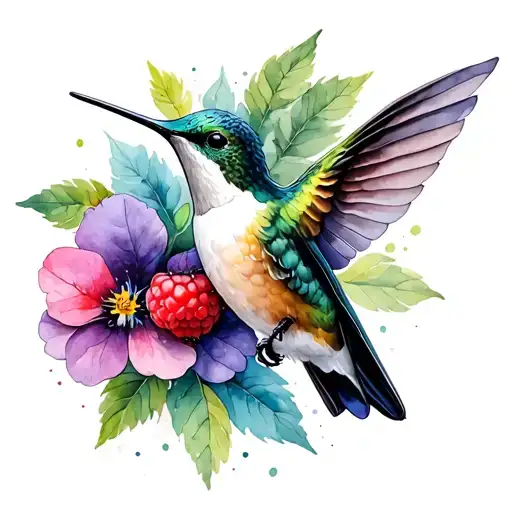Hummingbird Watercolor raspberry flowers tattoo design idea