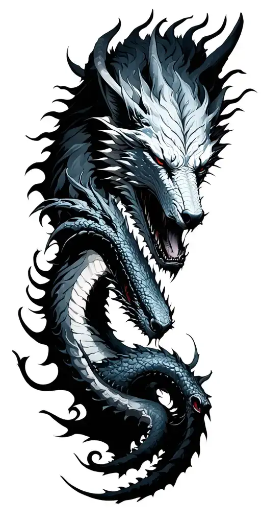 game of thrones style of chinese art with white walkers, dragons, dire wolfs, kraken  tattoo design idea