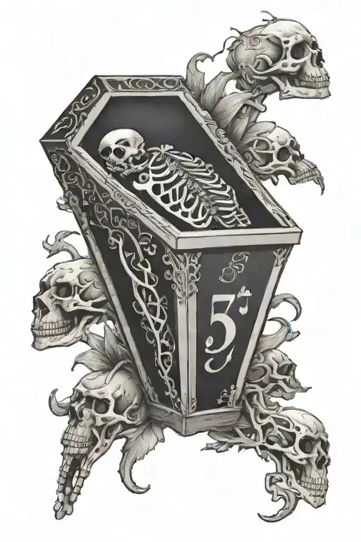 coffin bordered in bones with "57" engraved on top of coffin tattoo design idea
