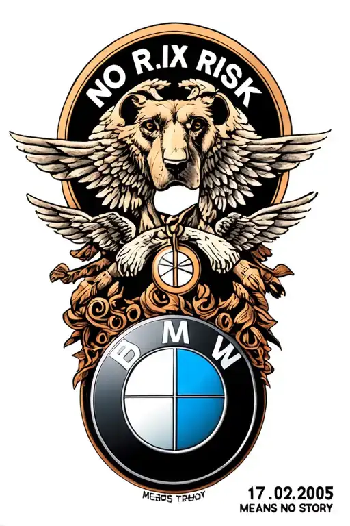 bmw logo into my body, something around that represent no risk means no story, 17.09.2005 in roman numbers tattoo design idea