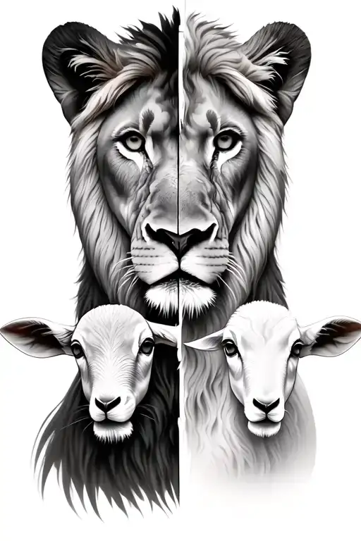Front profile of a lion and front profile of a lamb. Distinct half’s of each animal split in the middle and meshed. tattoo design idea