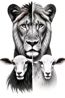 Front profile of a lion and front profile of a lamb. Distinct half’s of each animal split in the middle and meshed. tattoo design idea