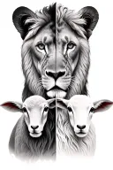 Front profile of a lion and front profile of a lamb. Distinct half’s of each animal split in the middle and meshed. tattoo design idea