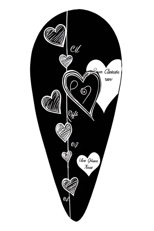 Blackwork tattoo design to cover an existing tattoo on the calf (vertical line of six black hearts with names). The cove tattoo design idea