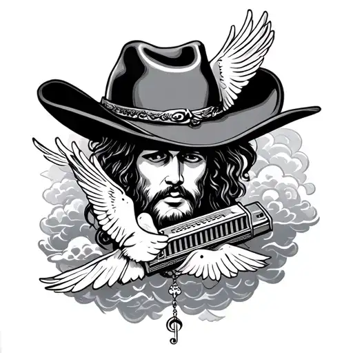 Cowboy hat, doves, treble clef music, harmonica, rosary, clouds tattoo design idea