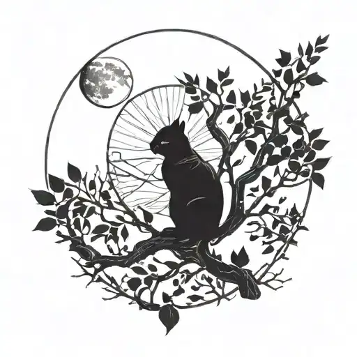 silhouette of a black cat sitting in the branch of a tree. the tree has leafs on them and the moon silhouettes the cat tattoo design idea