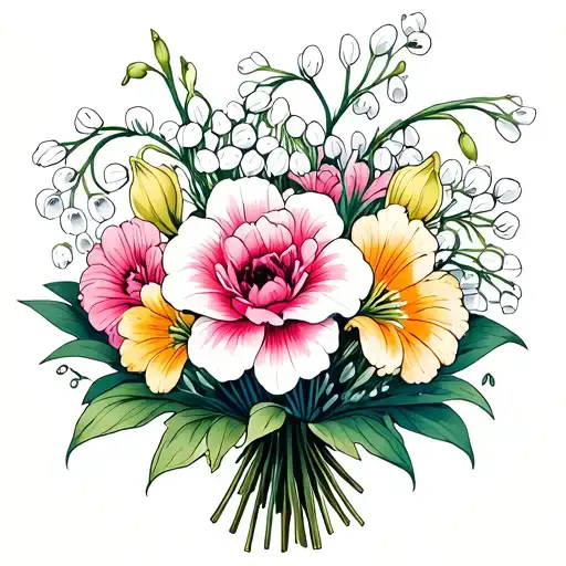 I want a traditional style bouquet with lilies of the valley, Hawthornes, snowdrops and carnations tattoo design idea