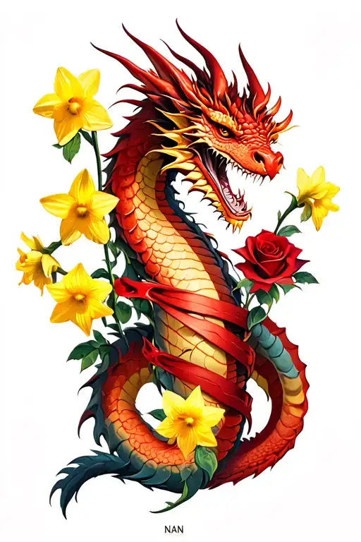 red dragon wrapped around forearm sleeve with daffodils and red roses with the word nan hidden within the design tattoo design idea