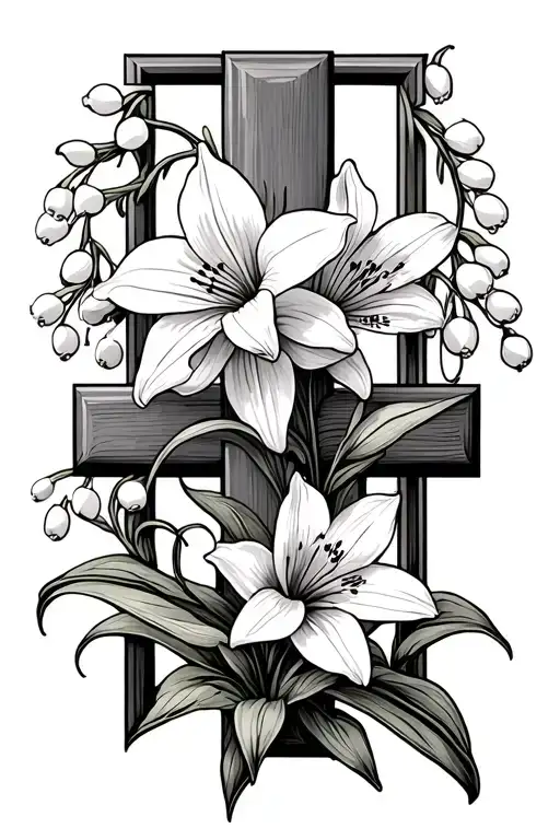fine line cross with lily of the valley and daffodil flowers, dainty tattoo design idea