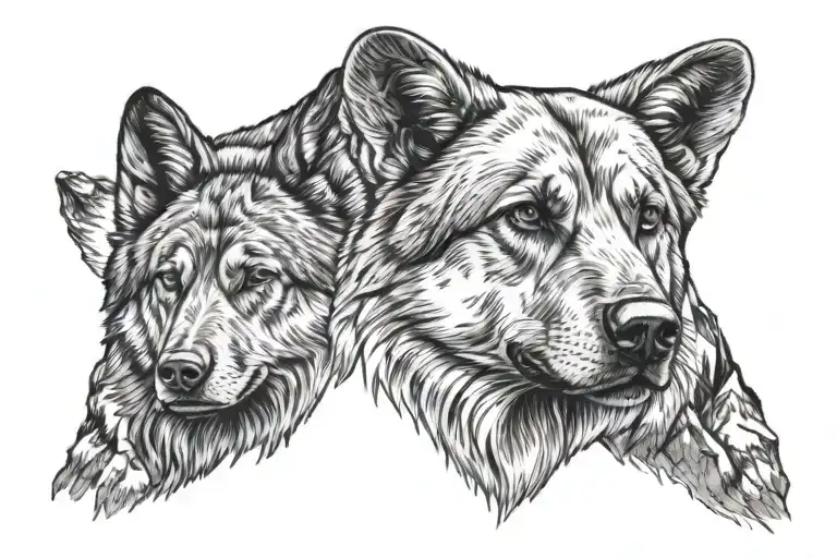 a bear face and a german shepperd face with mountains inside  tattoo design idea