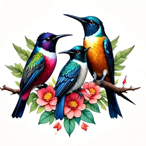hummingbirds, mockingbirds, and ravens perched  tattoo design idea