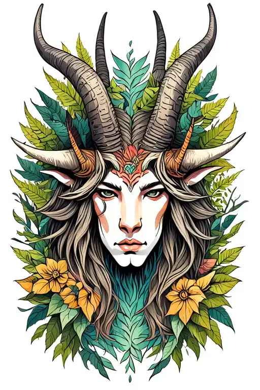 wild forest surrounding the Horned gods face tattoo design idea