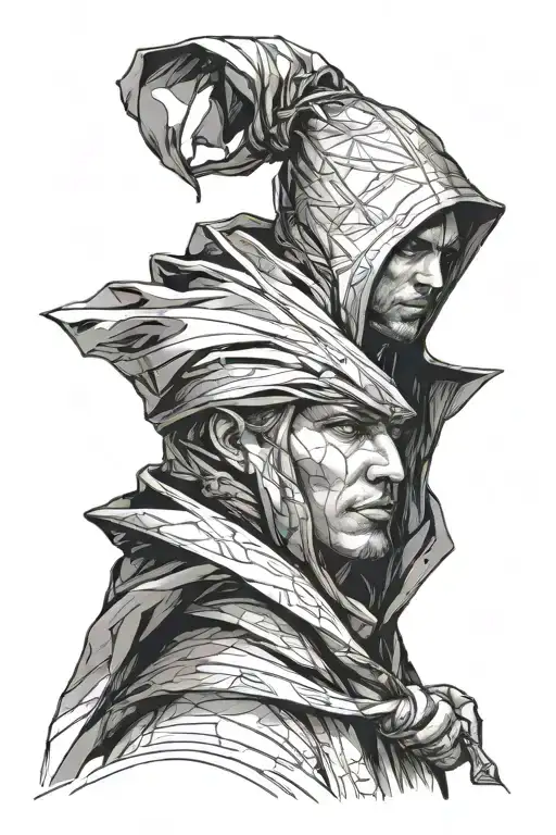 sketch for tattoo, dune, freeman with a beautiful face with blue eyes, looks like an assassin, full-length, in a robe, stands against the background tattoo design idea