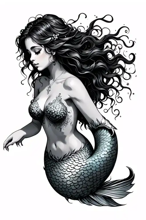 full beautiful topless mermaid  tattoo design idea