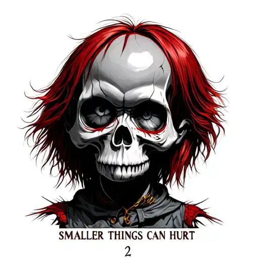 "SMALLER THINGS CAN HURT 2" skull and chucky tattoo design idea