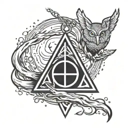  Deathly Hallows symbol as a pendant in rippling water. The chain is held by Hedwig, the owl, flying above the water tattoo design idea