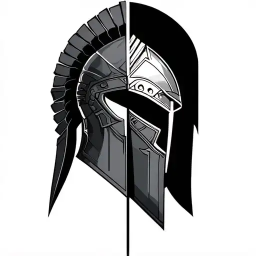 spartan helment with geometric elmene half sleeve tattoo design idea