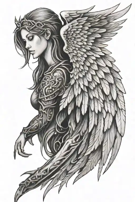 armor on one side angel wing on back with name mark written tattoo design idea