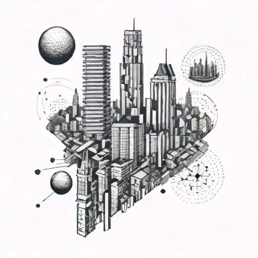 A London skyline featuring the Trellick Tower with a Rubik's cube incorporated into the design tattoo design idea