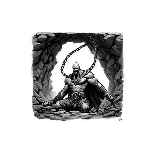 kratos chained inside a cave tattoo design idea