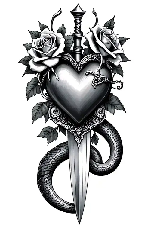 Dagger piercing heart and roses with serpent curling tattoo design idea