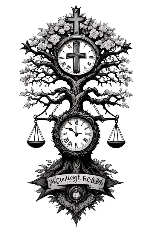 "McCullough  Robbs " "McCullough  Robbs " gothic tree of life intertwined with cross, libra scales and a clock  tattoo design idea