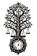 "McCullough  Robbs " "McCullough  Robbs " gothic tree of life intertwined with cross, libra scales and a clock  tattoo design idea