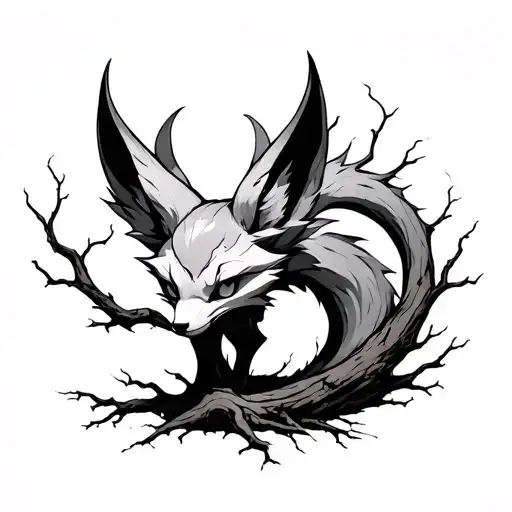 nine tailed fox but in the shape of a dead tree tattoo design idea