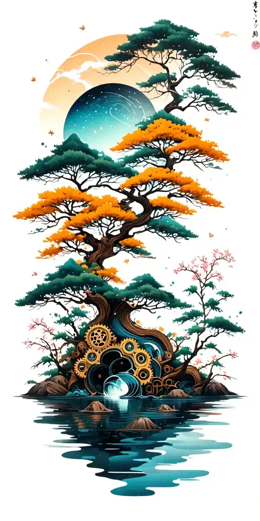 Japanese landscape of trees,water,bamboo,blossoms, and wood mechanical gears integrated with abstract universe  tattoo design idea