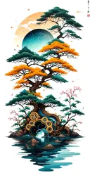 Japanese landscape of trees,water,bamboo,blossoms, and wood mechanical gears integrated with abstract universe  tattoo design idea